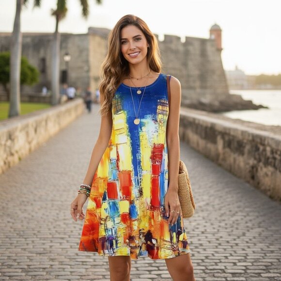 🆕 Luxury Resort Colorful Abstract Print Sleeveless Vacation Dress | Size Large - Picture 1 of 12